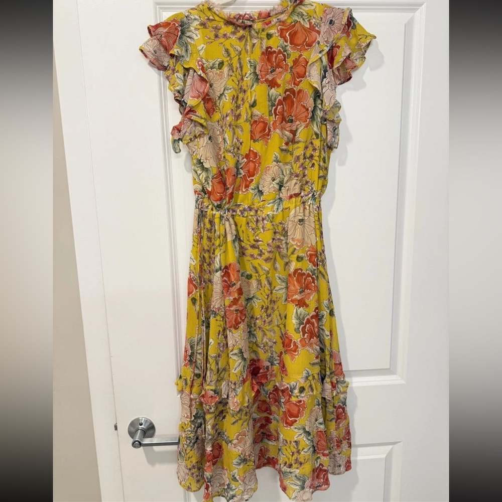 $298 Anthropologie Dolan Ellory Dress Yellow Floral 100% Silk Midi Boho, Size M - Picture 6 of 6
